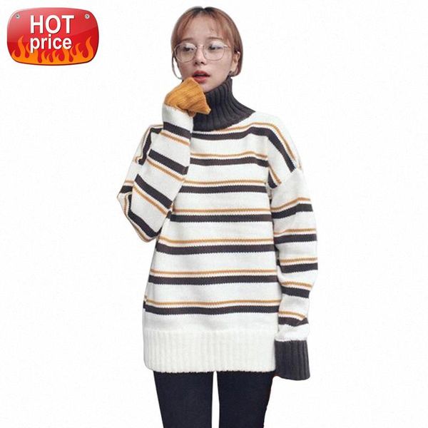 svokor women winter high collar stitching stripe sweater women long section loose leisure knitted sweater thick warm korean swea #s141, White
svokor women winter high collar stitching stripe sweater women long section loose leisure knitted sweater thick warm korean swea #s141, White