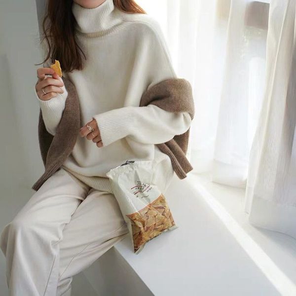 new women's high neck loose wool sweater sweater pullover thick knitted cashmere sweater outer wear base large size warm lj201126, White;black
new women's high neck loose wool sweater sweater pullover thick knitted cashmere sweater outer wear base large size warm lj201126, White;black