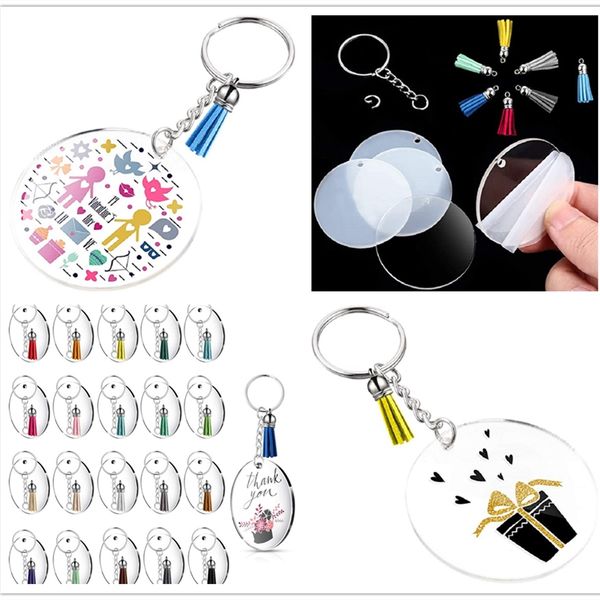 36pcs/set diy handmade crafts souvenir transparent round acrylic keychain keyring blank multicolor tassel pendant keychain set e112402, Red;brown