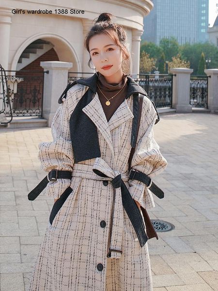 women's wool & blends small plaid woolen coat for middle and long garment, fall winter 2021 korean loose stitching color contrast, Black
women's wool & blends small plaid woolen coat for middle and long garment, fall winter 2021 korean loose stitching color contrast, Black
