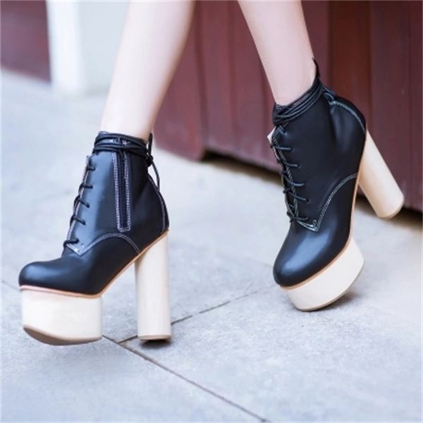 women roman style platform high heel hoof wood shoes winter boots of plush martin popluar girl's lace to boot pr1c, Black
women roman style platform high heel hoof wood shoes winter boots of plush martin popluar girl's lace to boot pr1c, Black