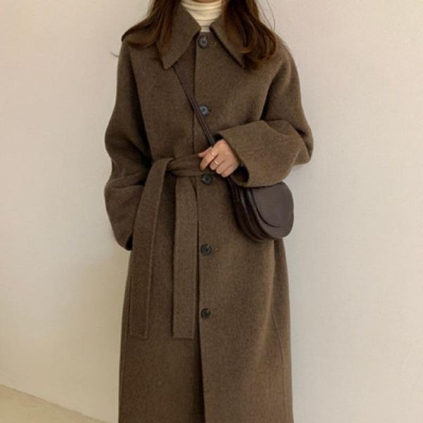 autumn winter women factory woolen long overcoat solid color coat with belt, Black
autumn winter women factory woolen long overcoat solid color coat with belt, Black