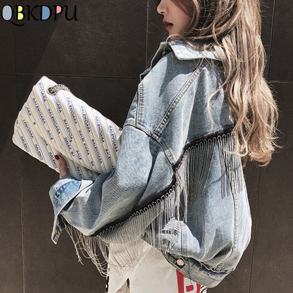 women denim long batwing sleeve jacket spring beading tassle short loose girl jeans coats streetwear fashion harajuku outerwear 201026, Black;brown
women denim long batwing sleeve jacket spring beading tassle short loose girl jeans coats streetwear fashion harajuku outerwear 201026, Black;brown