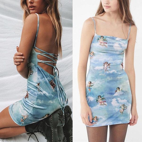 sleeveless casual spaghetti strap mini dress 2019 summer women angel print slash neck bandage dress elegant short party dress, Black;gray 
sleeveless casual spaghetti strap mini dress 2019 summer women angel print slash neck bandage dress elegant short party dress, Black;gray