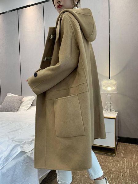 women's wool & blends double-sided cashmere coat oversize midi length retro hooded claw buckle 2021 fashion all-match jacket abrigos pa, Black
women's wool & blends double-sided cashmere coat oversize midi length retro hooded claw buckle 2021 fashion all-match jacket abrigos pa, Black