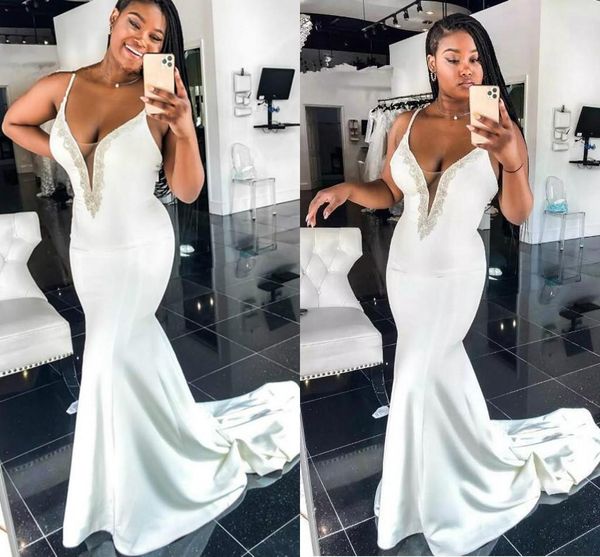 2021 mermaid wedding dresses satin sweep train beaded spaghetti straps plus size garden wedding bridal party gown vestido de novia, White
2021 mermaid wedding dresses satin sweep train beaded spaghetti straps plus size garden wedding bridal party gown vestido de novia, White