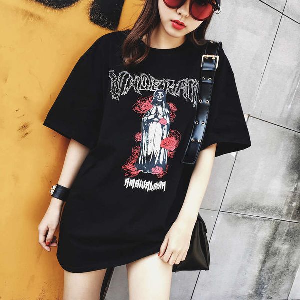 new madonna skull print short sleeve medium length t-shirt harajuku bf style korean women's dress, Black;gray