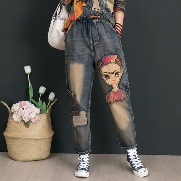 2020 spring women fashion korea style elastic waist cartoon embroidery vintage denim harem pant office lady oversize casual jean, Blue
2020 spring women fashion korea style elastic waist cartoon embroidery vintage denim harem pant office lady oversize casual jean, Blue