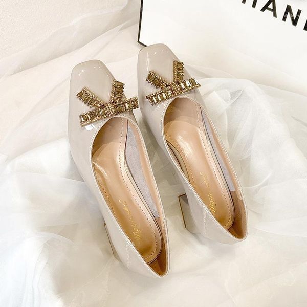 size 41-42 2020 designer women pumps thick heel mid heel bow shallow wedding payty shoes square toe ladies beige shoes1, Black