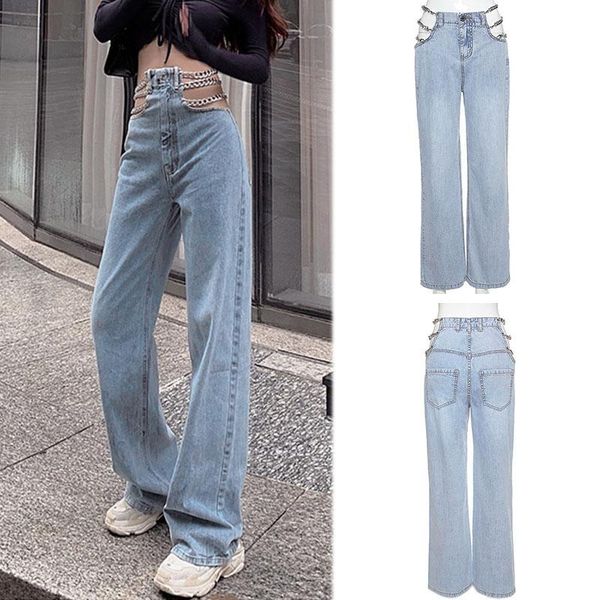 women's jeans streetwear side chain hollow out wide-leg high waist pants elegant ladies europe fashion, Blue
women's jeans streetwear side chain hollow out wide-leg high waist pants elegant ladies europe fashion, Blue