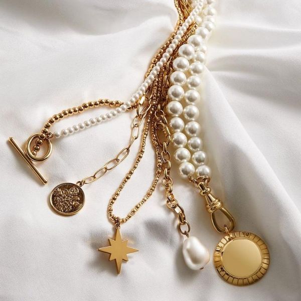 fashion round coin star pendant necklace women gold color geometric mixed linked pearl statement choker necklace jewelry gift, Silver
fashion round coin star pendant necklace women gold color geometric mixed linked pearl statement choker necklace jewelry gift, Silver