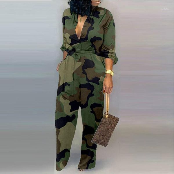 women's v-neck jumpsuit with buttoned camouflage1, Black;white