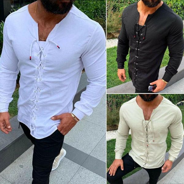 men's casual shirts solid color long sleeve shirt slim fit v neck bandage male clothing, White;black
men's casual shirts solid color long sleeve shirt slim fit v neck bandage male clothing, White;black