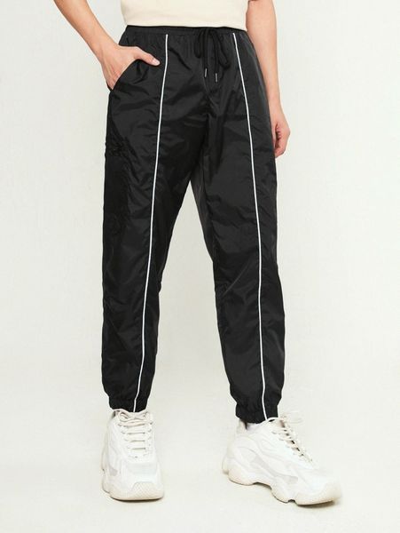 1pc contrast binding drawstring waist pants u5vq#, Black