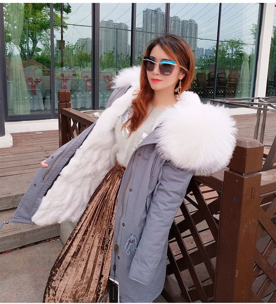 real pictures white raccoon fur trim maomaokong white rabbit fur lined grey long parka winter snow fur coats, Black
real pictures white raccoon fur trim maomaokong white rabbit fur lined grey long parka winter snow fur coats, Black
