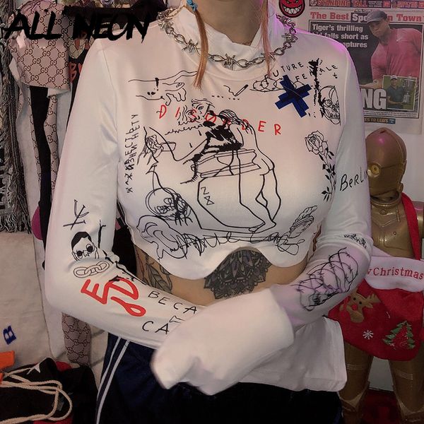 allneon turtleneck print female short t-shirts fashion long sleeve with print for women 2019 autumn new y200412, White