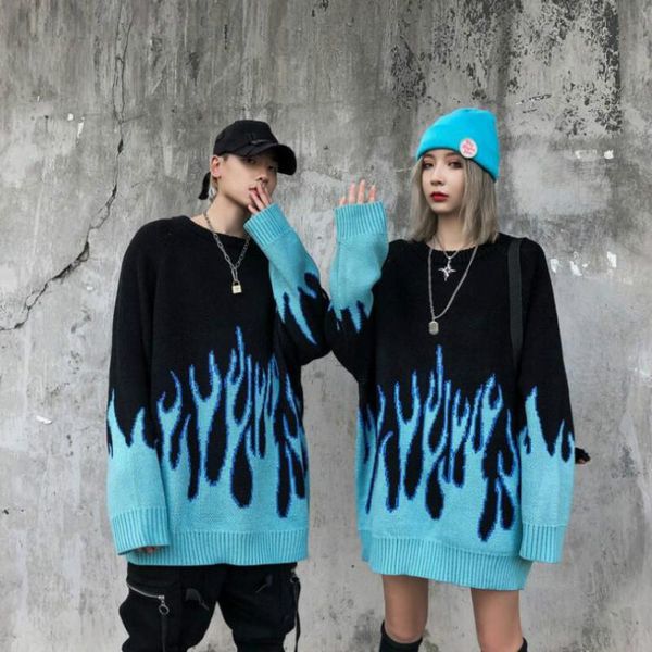 korean couple loose knit flame hip-hop streetwear o-neck pullover, White;black
korean couple loose knit flame hip-hop streetwear o-neck pullover, White;black