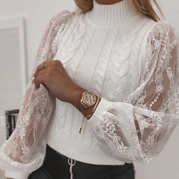 women's sweaters lace patchwork half turtleneck sweater lantern sleeve knitted ruffles solid streetwear ladies pullover fashion, White;black
women's sweaters lace patchwork half turtleneck sweater lantern sleeve knitted ruffles solid streetwear ladies pullover fashion, White;black