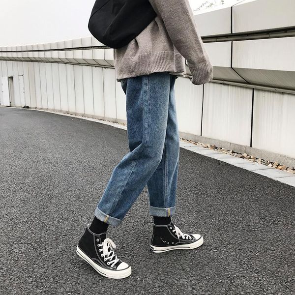 men's jeans autumn and winter male students korean fashion loose casual versatile straight cropped pants long, Blue 
men's jeans autumn and winter male students korean fashion loose casual versatile straight cropped pants long, Blue