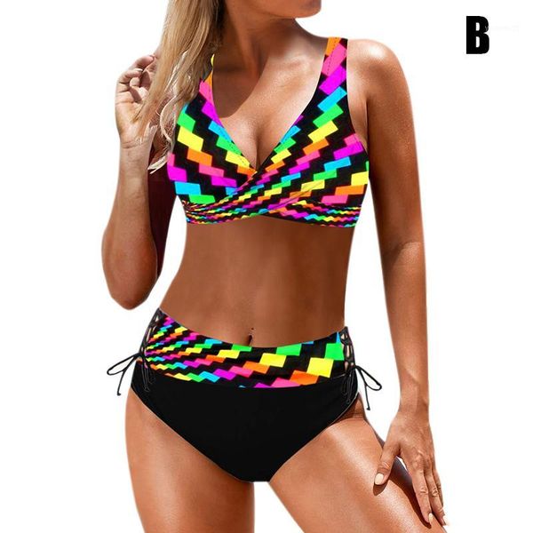 women two pieces swimsuit high waist rainbow striped colorful bikini swimwear set bmf881, White;black
women two pieces swimsuit high waist rainbow striped colorful bikini swimwear set bmf881, White;black