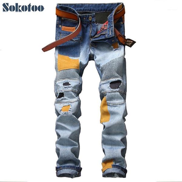 sokotoo men's casual patches holes ripped biker jeans for moto fashion pleated patchwork slim straight denim pants long trousers1, Blue
sokotoo men's casual patches holes ripped biker jeans for moto fashion pleated patchwork slim straight denim pants long trousers1, Blue