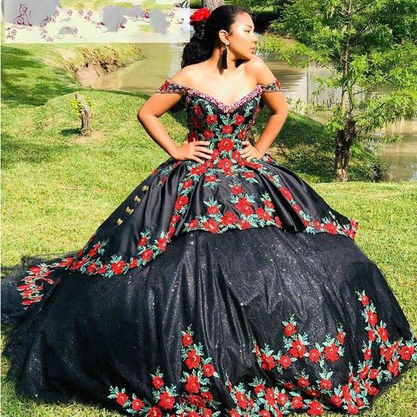 2021 mexican charro sweet 16 dresses black color floral embroidered beaded off the shoulder theme quinceanera dress ball gowns vintage, Blue;red
2021 mexican charro sweet 16 dresses black color floral embroidered beaded off the shoulder theme quinceanera dress ball gowns vintage, Blue;red