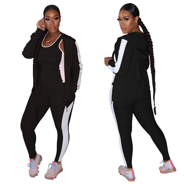 women panelled three piece sets u neck vest zipper hooded coats sport pants ladies 3pcs tracksuit, White
women panelled three piece sets u neck vest zipper hooded coats sport pants ladies 3pcs tracksuit, White