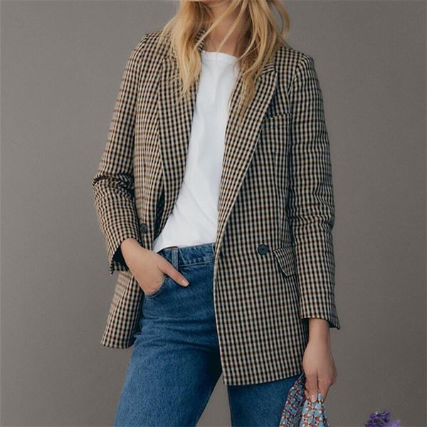 kumsvag women spring autumn plaid blazers coats 2020 long sleeve double breasted casual female elegant blazer outerwear clothing lj201214, White;black 
kumsvag women spring autumn plaid blazers coats 2020 long sleeve double breasted casual female elegant blazer outerwear clothing lj201214, White;black