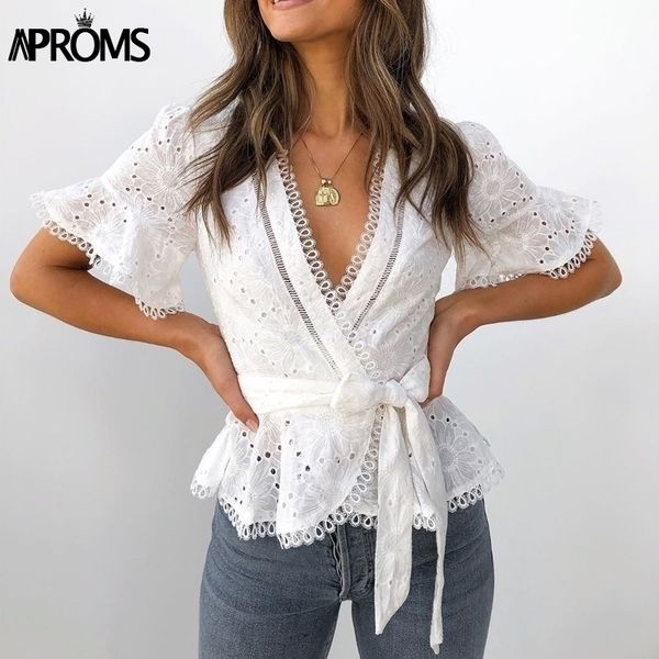 aproms chic lace trims emboridery blouse women summer ruffles backless sashes tie up shirt short flared sleeve y200622, White
aproms chic lace trims emboridery blouse women summer ruffles backless sashes tie up shirt short flared sleeve y200622, White