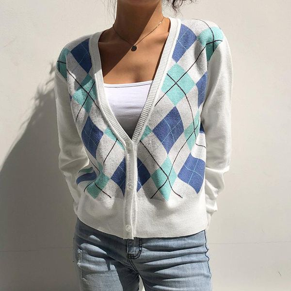 women plaid print sweater knitted cardigan v-neck sweater long sleeve wild, White
women plaid print sweater knitted cardigan v-neck sweater long sleeve wild, White