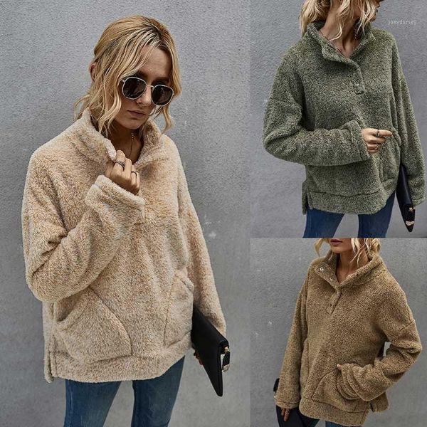 women fuzzy plush thick sweatshirt long sleeve stand collar buttons pullover solid split loose hoodies with pockets1, Black
women fuzzy plush thick sweatshirt long sleeve stand collar buttons pullover solid split loose hoodies with pockets1, Black