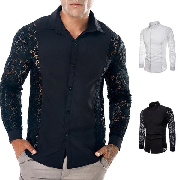 men's casual shirts 2021 autumn lace long sleeve shirt hollow blouse camisa masculina w730, White;black
men's casual shirts 2021 autumn lace long sleeve shirt hollow blouse camisa masculina w730, White;black