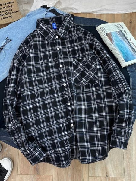 men button front plaid shirt 01re#, White;black