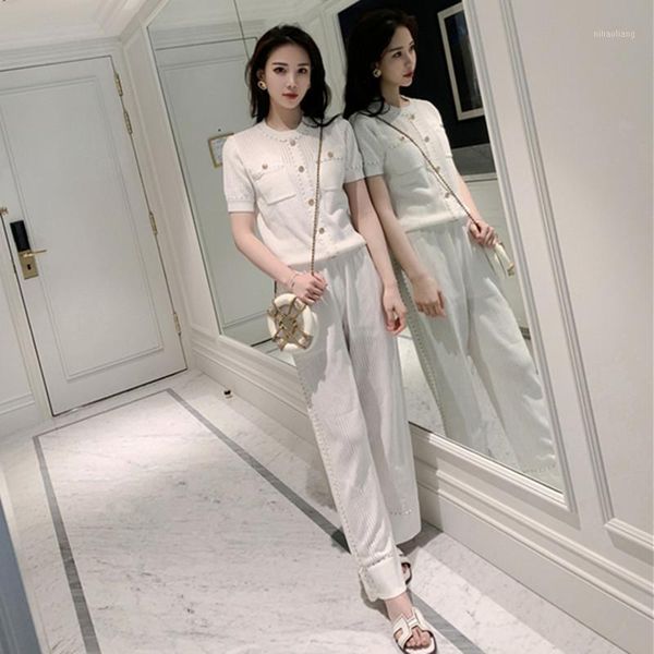 women golden button hollow out knitting pullover +wide leg pant 2pcs set knitted short sleeve knit trousers clothing suit1, White
women golden button hollow out knitting pullover +wide leg pant 2pcs set knitted short sleeve knit trousers clothing suit1, White