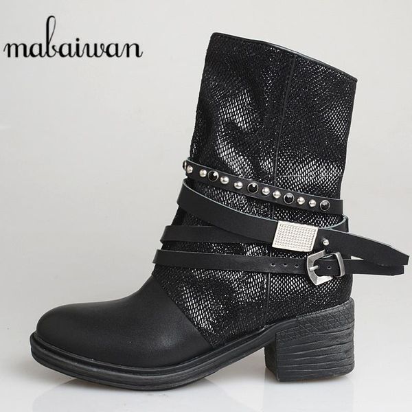 mabaiwan genuine leather women motorcycle ankle boots black buckle zipper fashion winter shoes woman botas mujer boots
