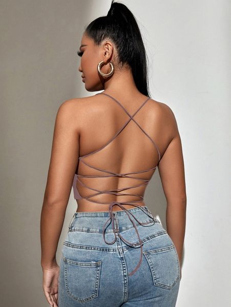 backless lace up crop cami f4g8#, White