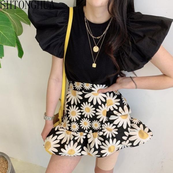 two piece dress fashion 2 set 2021 summer womens o-neck puff sleeve shirt + high waist floral print ruffles mini culottes suit1, White 
two piece dress fashion 2 set 2021 summer womens o-neck puff sleeve shirt + high waist floral print ruffles mini culottes suit1, White