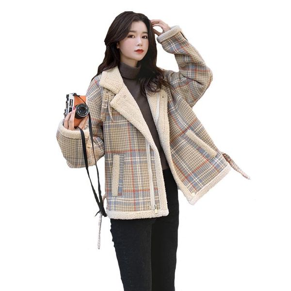 plaid lamb wool coat women's short 2021 autumn winter wild new korean loose woolen thick plus velvet coats outerwear female, Black
plaid lamb wool coat women's short 2021 autumn winter wild new korean loose woolen thick plus velvet coats outerwear female, Black