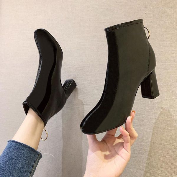 fashion high-heeled short boots thick heel back zipper boots shoes1, Black