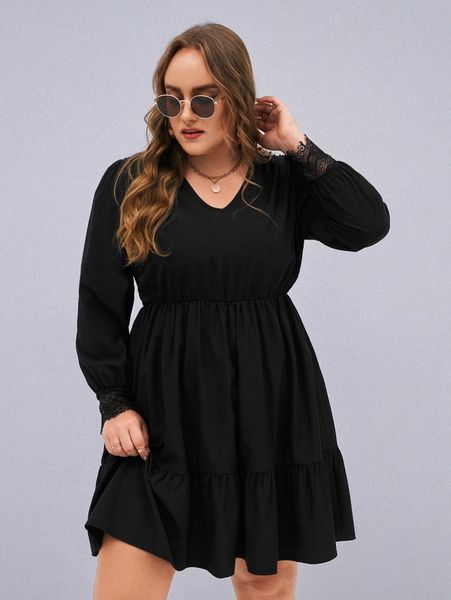 plus eyelash lace panel ruffle hem dress s4cv#, Black
plus eyelash lace panel ruffle hem dress s4cv#, Black