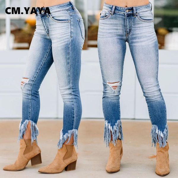 cm.yaya women washed tassel hem denim pants retro jeans ripped pencil trousers street skinny high waist lady jean pants, Blue
cm.yaya women washed tassel hem denim pants retro jeans ripped pencil trousers street skinny high waist lady jean pants, Blue