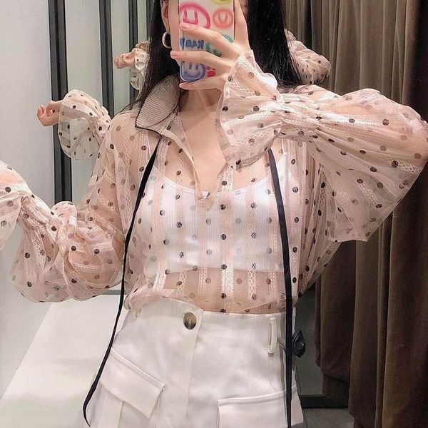 women's blouses & shirts women lace shirt shiny through blouse summer 2021 fashion long sleeve modern lady transparent polka dot prints, White
women's blouses & shirts women lace shirt shiny through blouse summer 2021 fashion long sleeve modern lady transparent polka dot prints, White