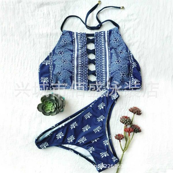 new bikini denim printed belly pocket split swimsuit, White;black