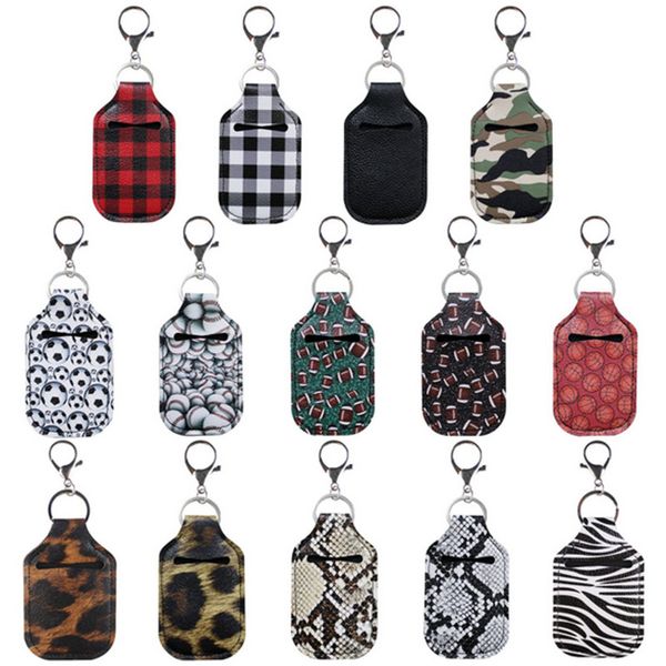 Hand Sanitizer Holder Keychain Bottle Case Covers With Metal Clip Key Rings Key Chain Bag Pendant Plaid Leopard Snake Skin Ball Game E121003