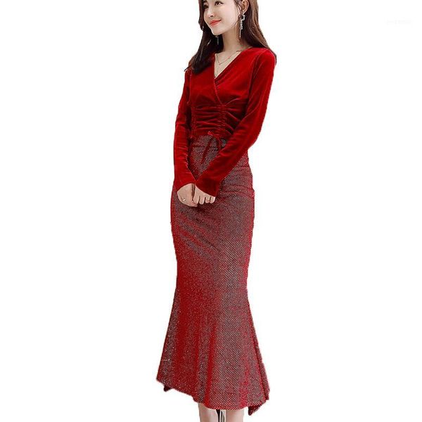 2019 spring fashion v neck red velvet woman 2 piece outfits set women two clothes female bodycon mermaid skirt qh0951, White
2019 spring fashion v neck red velvet woman 2 piece outfits set women two clothes female bodycon mermaid skirt qh0951, White