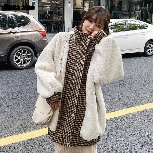 unua amo 2020 lambswool coat women warm fashion hit color houndstooth spliced design faux fur winter jacket female le00278a1, Black 
unua amo 2020 lambswool coat women warm fashion hit color houndstooth spliced design faux fur winter jacket female le00278a1, Black