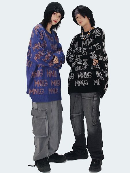 men's sweaters versatile letters full jacquard round neck pullover sweater and women's fashion, White;black
men's sweaters versatile letters full jacquard round neck pullover sweater and women's fashion, White;black
