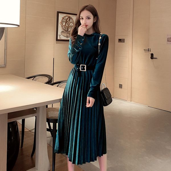 autumn velvet dress women elegant long sleeve pleated ladies party dresses casual belted winter dress vestidos robe femme lj201124, Black;gray
autumn velvet dress women elegant long sleeve pleated ladies party dresses casual belted winter dress vestidos robe femme lj201124, Black;gray