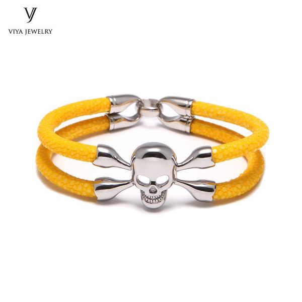 charm bracelets brilliant yellow stingray leather cords bracelet with skull without eyes luxury cuff men has gift box, Golden;silver
charm bracelets brilliant yellow stingray leather cords bracelet with skull without eyes luxury cuff men has gift box, Golden;silver