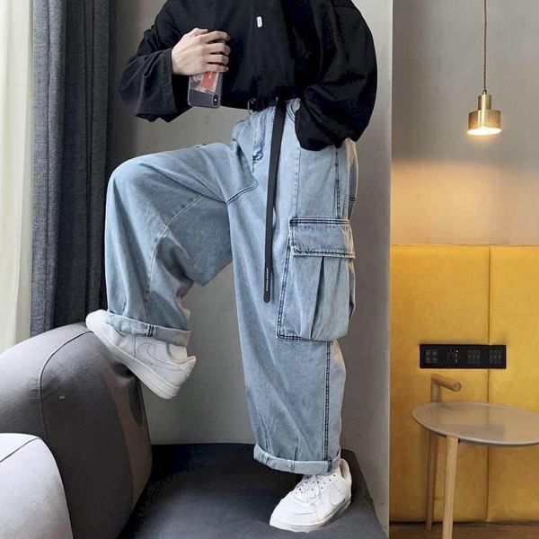 men's jeans denim trousers straight wide-leg overalls autumn and winter women's loose student hong kong style big pocket couple pa, Blue
men's jeans denim trousers straight wide-leg overalls autumn and winter women's loose student hong kong style big pocket couple pa, Blue